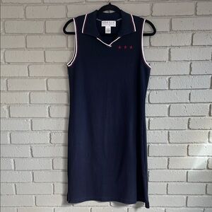 Navy Sleeveless Collared Midi Dress with Red Star Accents